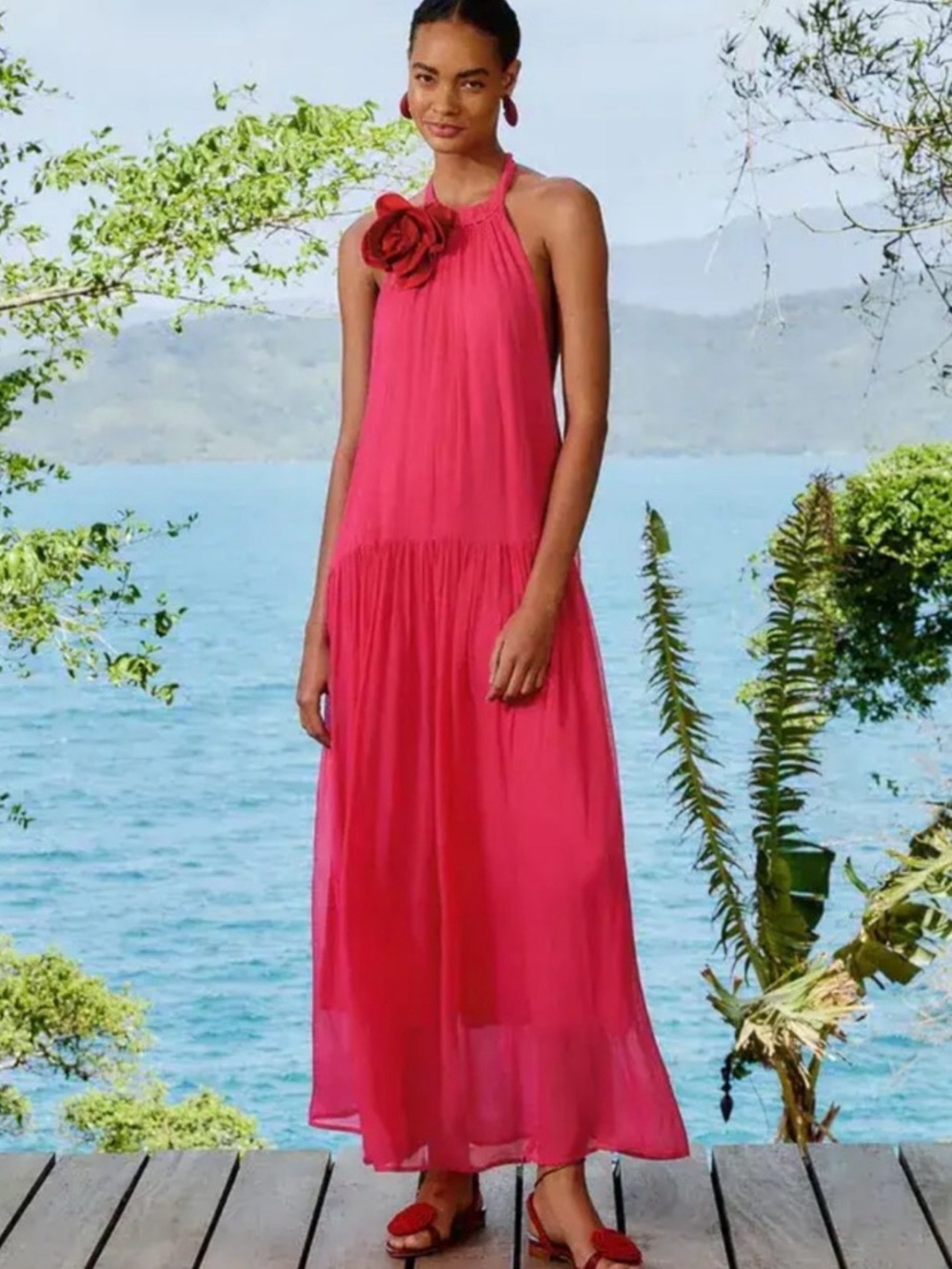 FARM Rio Fuchsia Halter Maxi Dress with Rosette